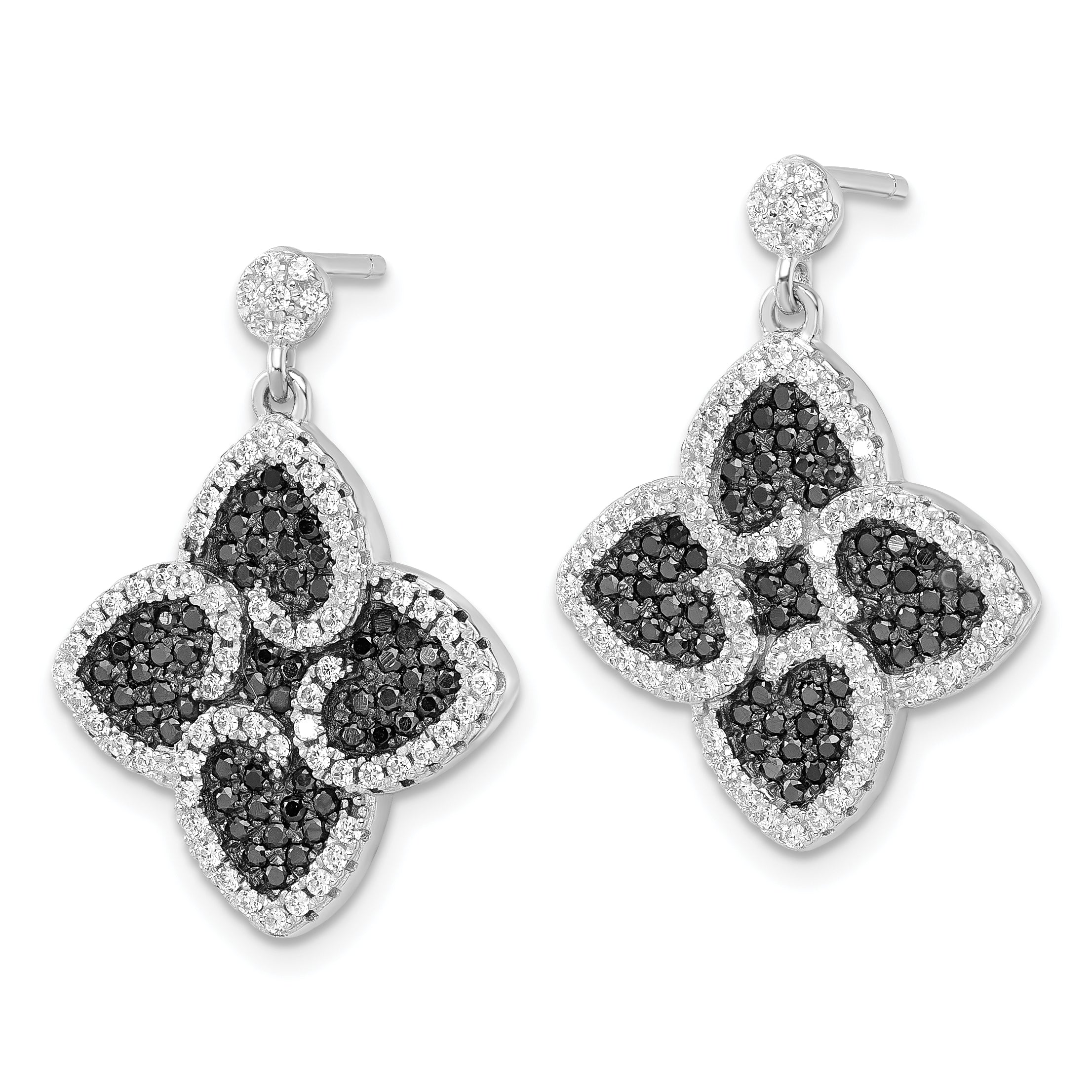 Sterling Silver Black & Clear CZ Brilliant Embers Hearts Dangle Earrings
