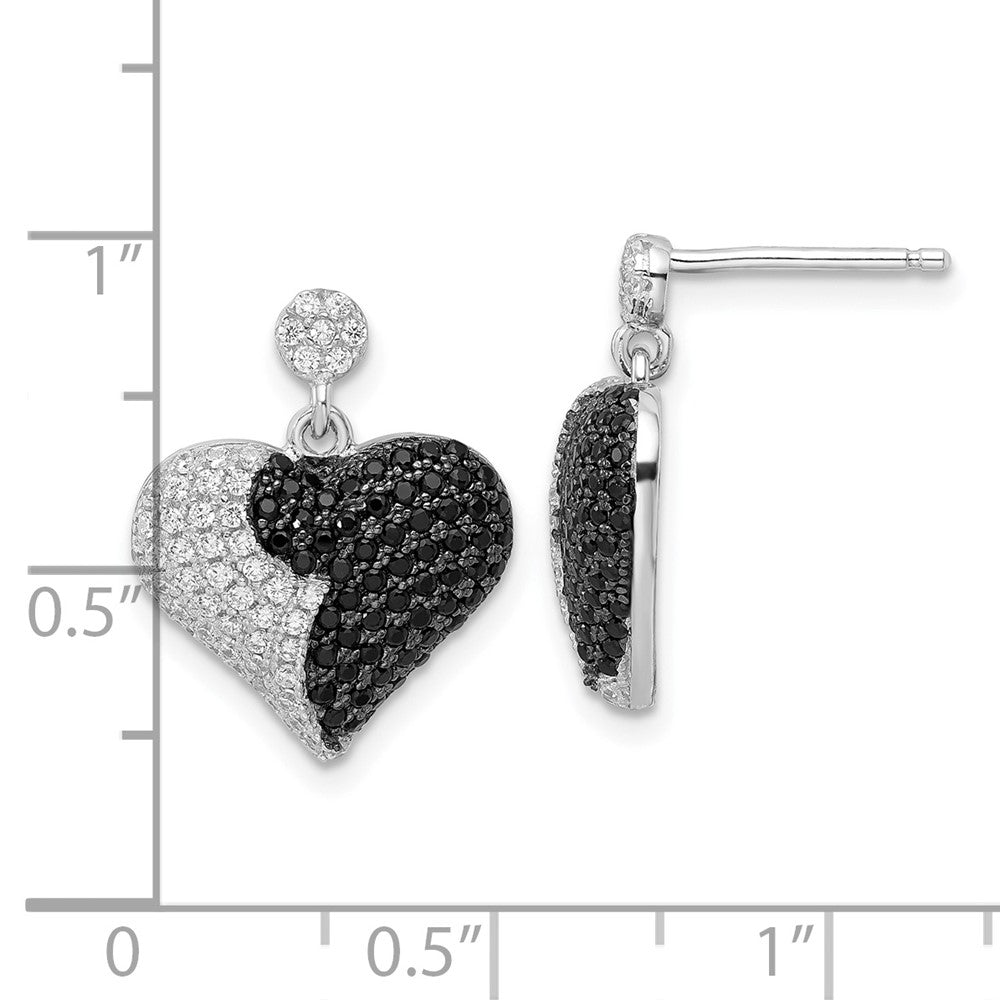 Sterling Silver Black & Clear CZ True Fire Heart Dangle Post Earrings