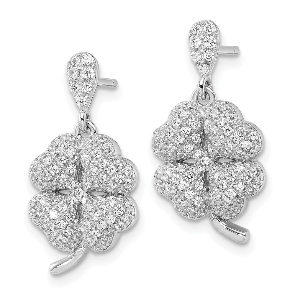 Sterling Silver & CZ Brilliant Embers 4-Leaf Clover Dangle Post Earrings