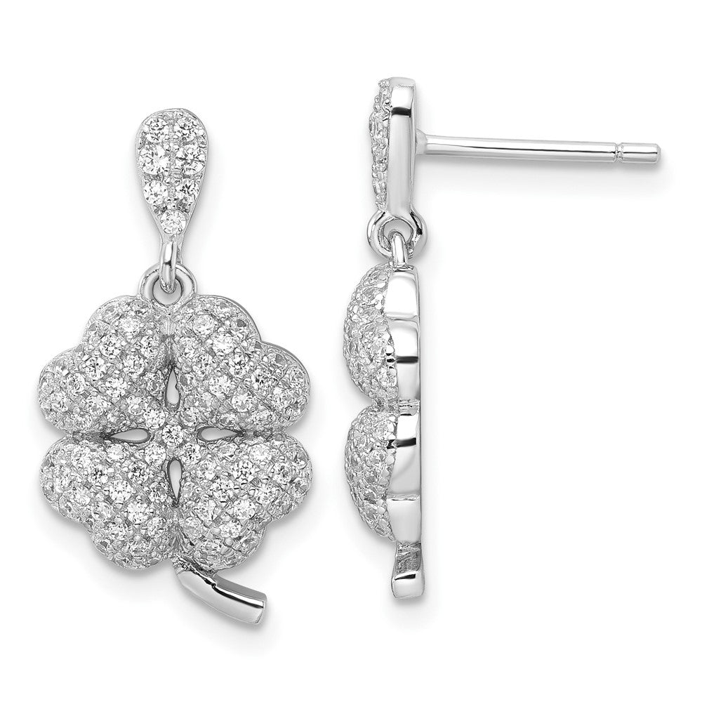 Sterling Silver & CZ Brilliant Embers 4-Leaf Clover Dangle Post Earrings
