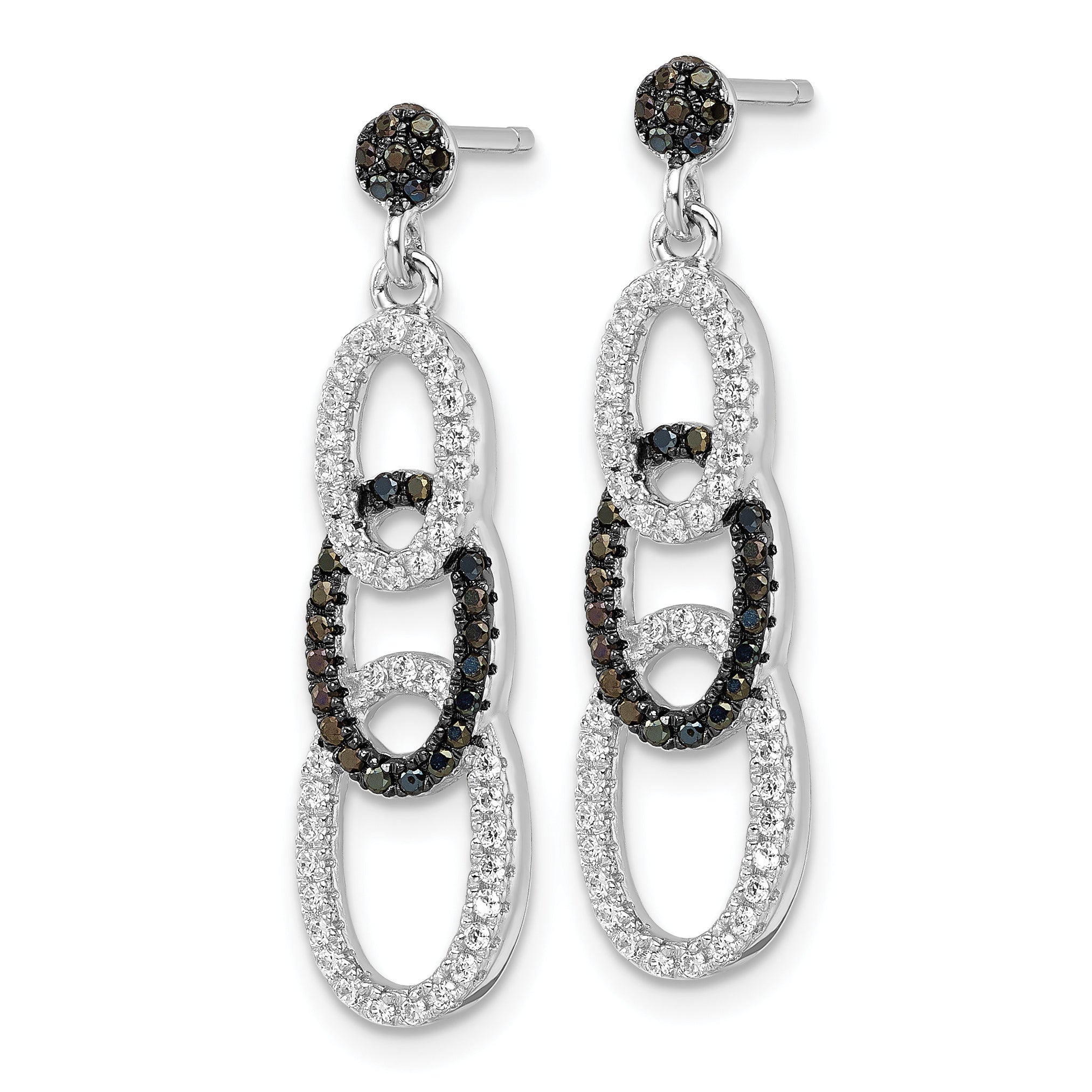 True Fire Sterling Silver Black & White  CZ Oval Dangle Post Earrings