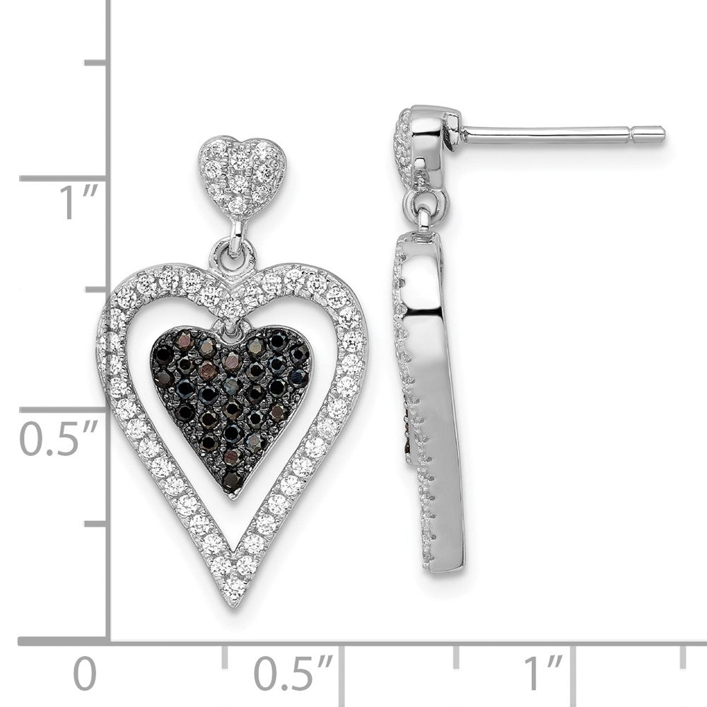 Sterling Silver Black & Clear CZ Brilliant Embers Heart Dangle Earrings