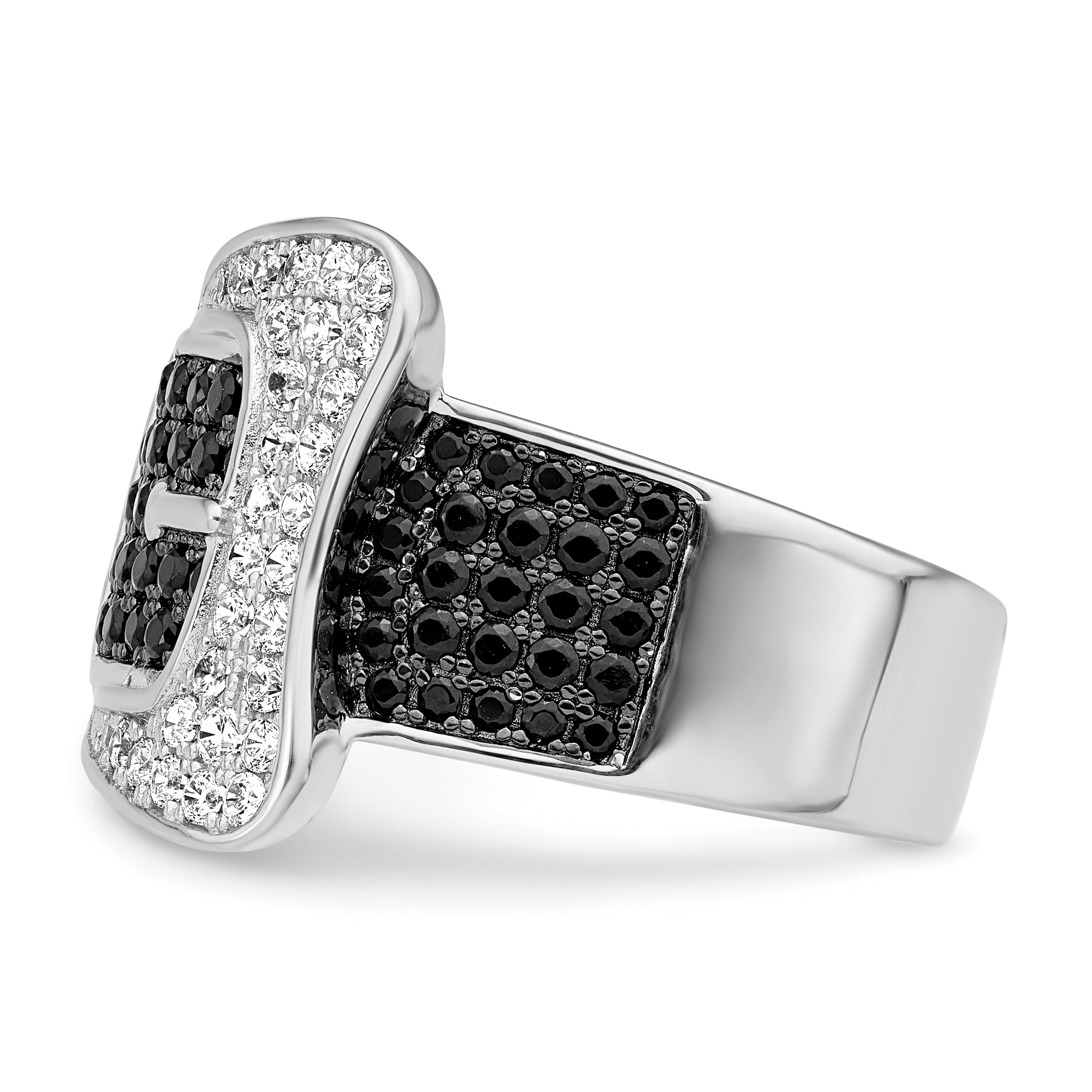 Brilliant Embers Sterling Silver Rhodium-plated 109 Stone Micro PavÇ Black and White CZ Buckle Ring