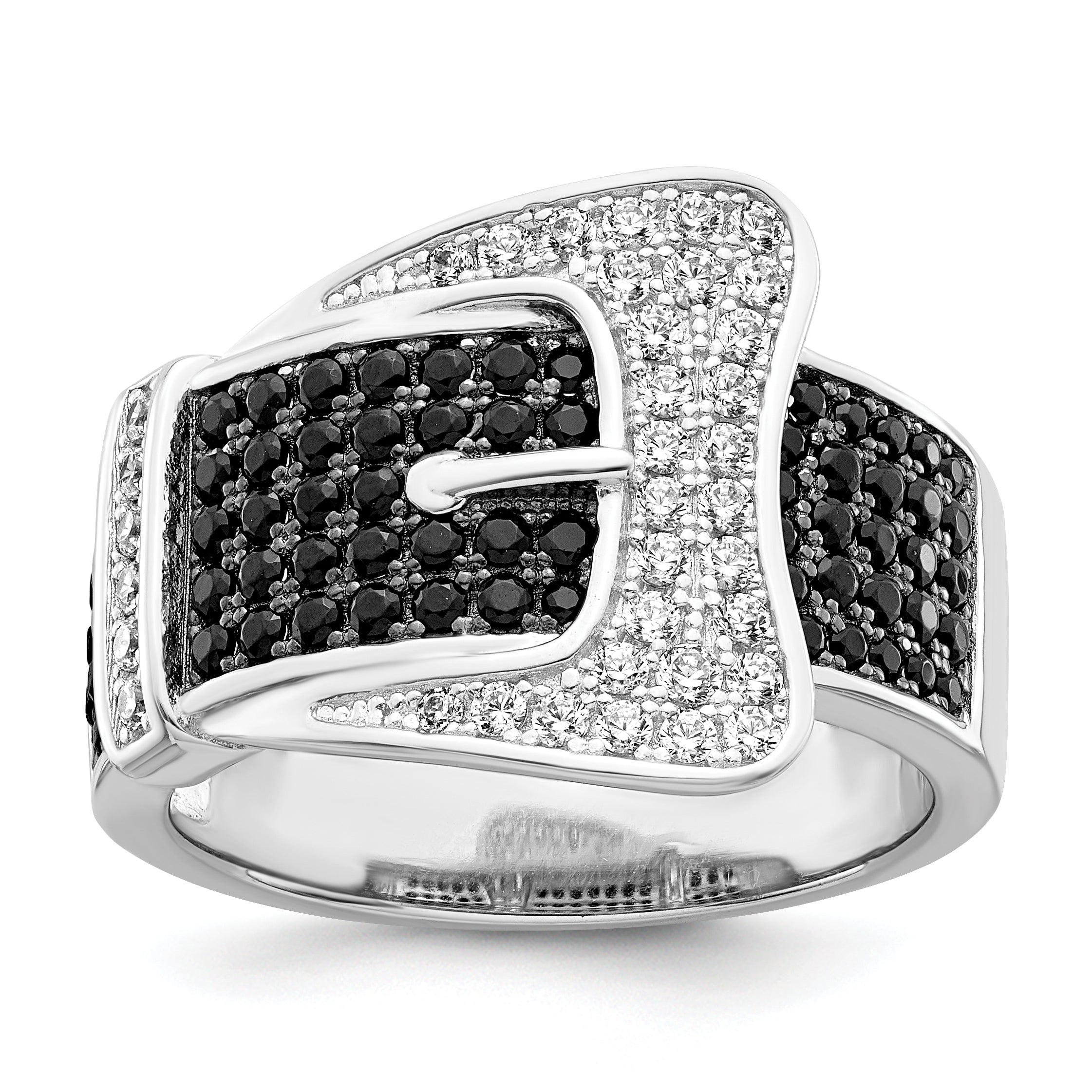 Brilliant Embers Sterling Silver Rhodium-plated 109 Stone Micro PavÇ Black and White CZ Buckle Ring