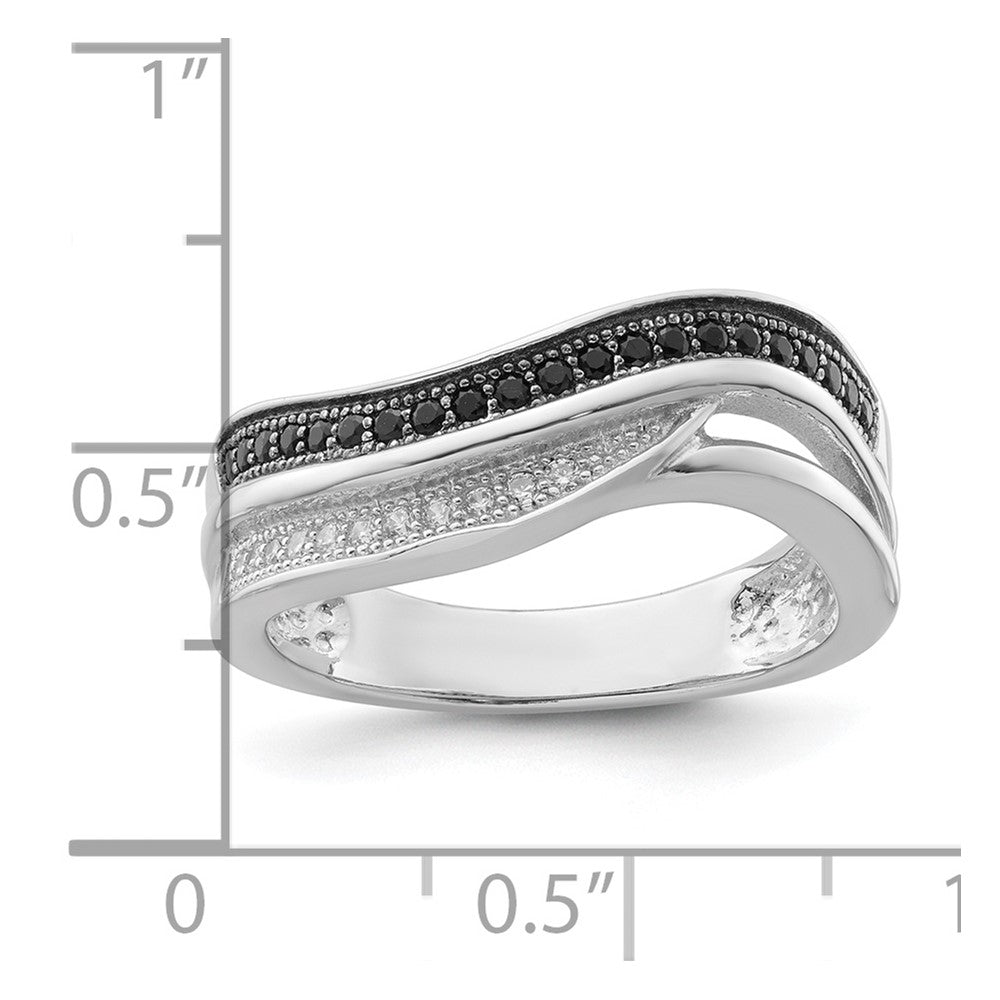 Sterling Silver Black & Clear CZ True Fire Curved Design Ring