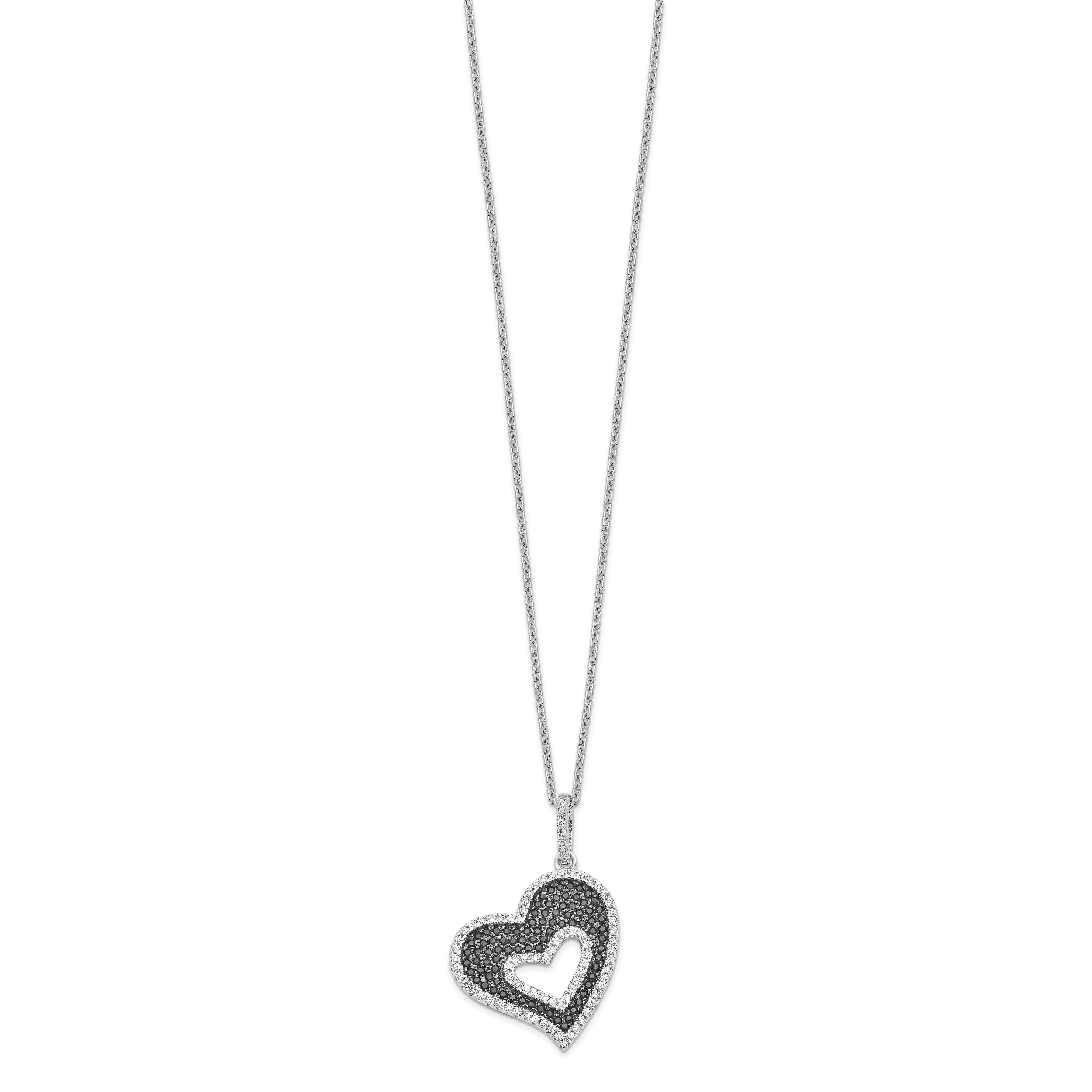 Brilliant Embers Sterling Silver Rhodium-plated 170 Stone 18 inch Micro PavÇ Black and White CZ Heart Necklace with 2 Inch Extender