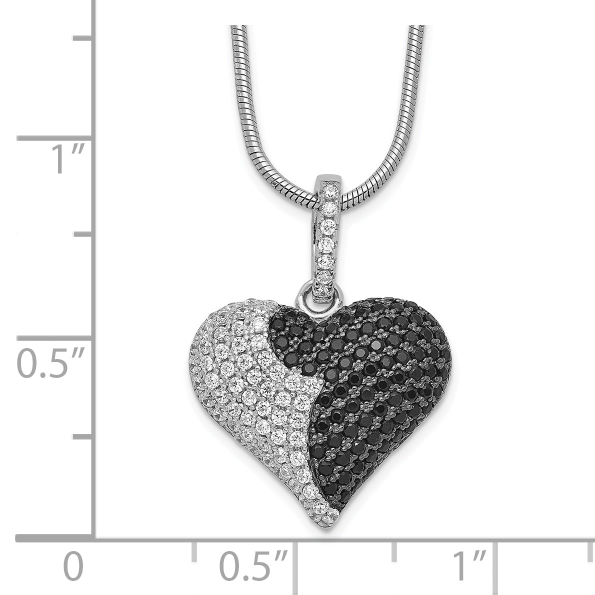 Brilliant Embers Sterling Silver Rhodium-plated 150 Stone 18 inch Micro PavÇ Black and White CZ Heart Necklace with 2 Inch Extender