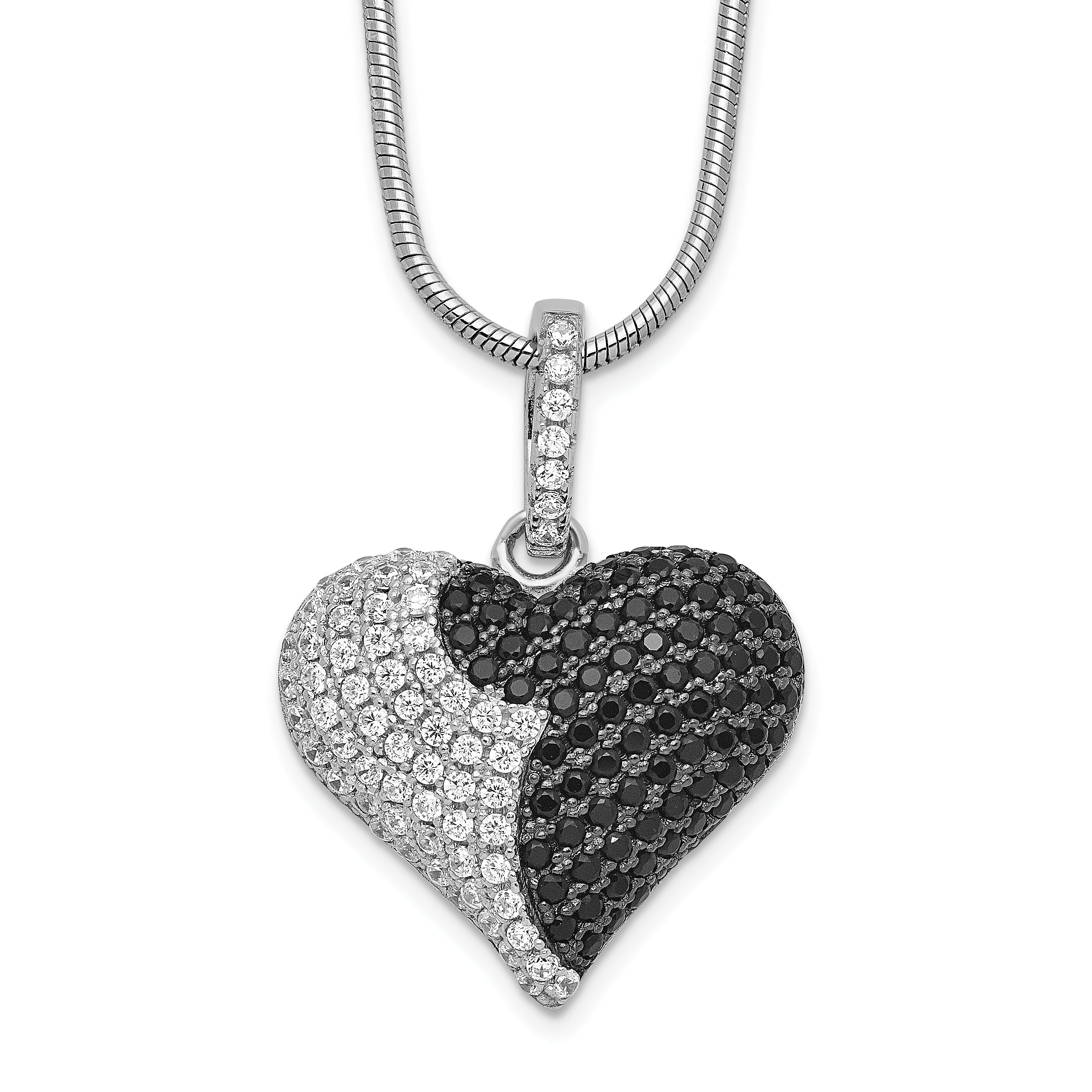 Brilliant Embers Sterling Silver Rhodium-plated 150 Stone 18 inch Micro PavÇ Black and White CZ Heart Necklace with 2 Inch Extender