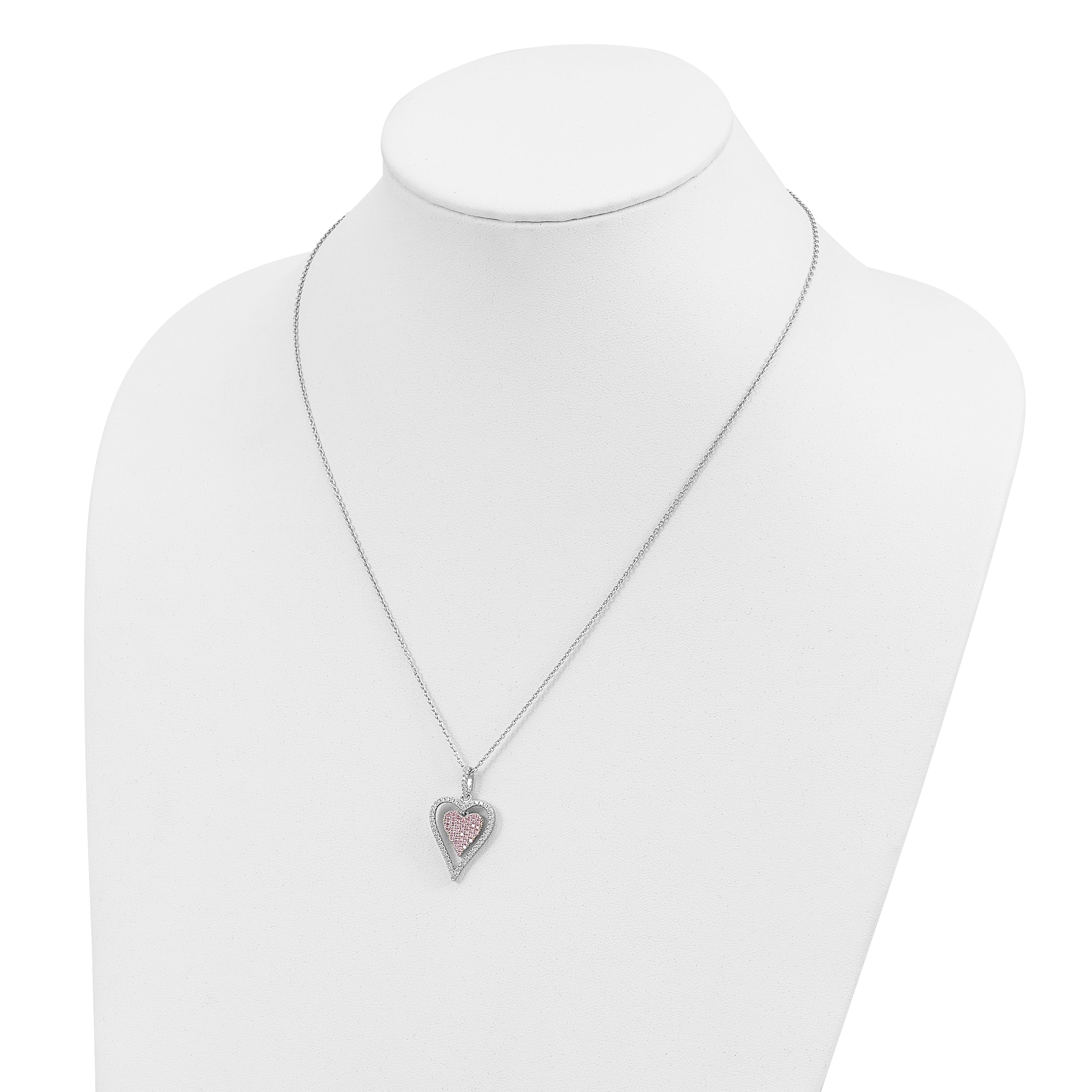 Brilliant Embers Sterling Silver Rhodium-plated 95 Stone 18 inch Micro PavÇ White and Pink CZ Heart Necklace with 2 Inch Extender