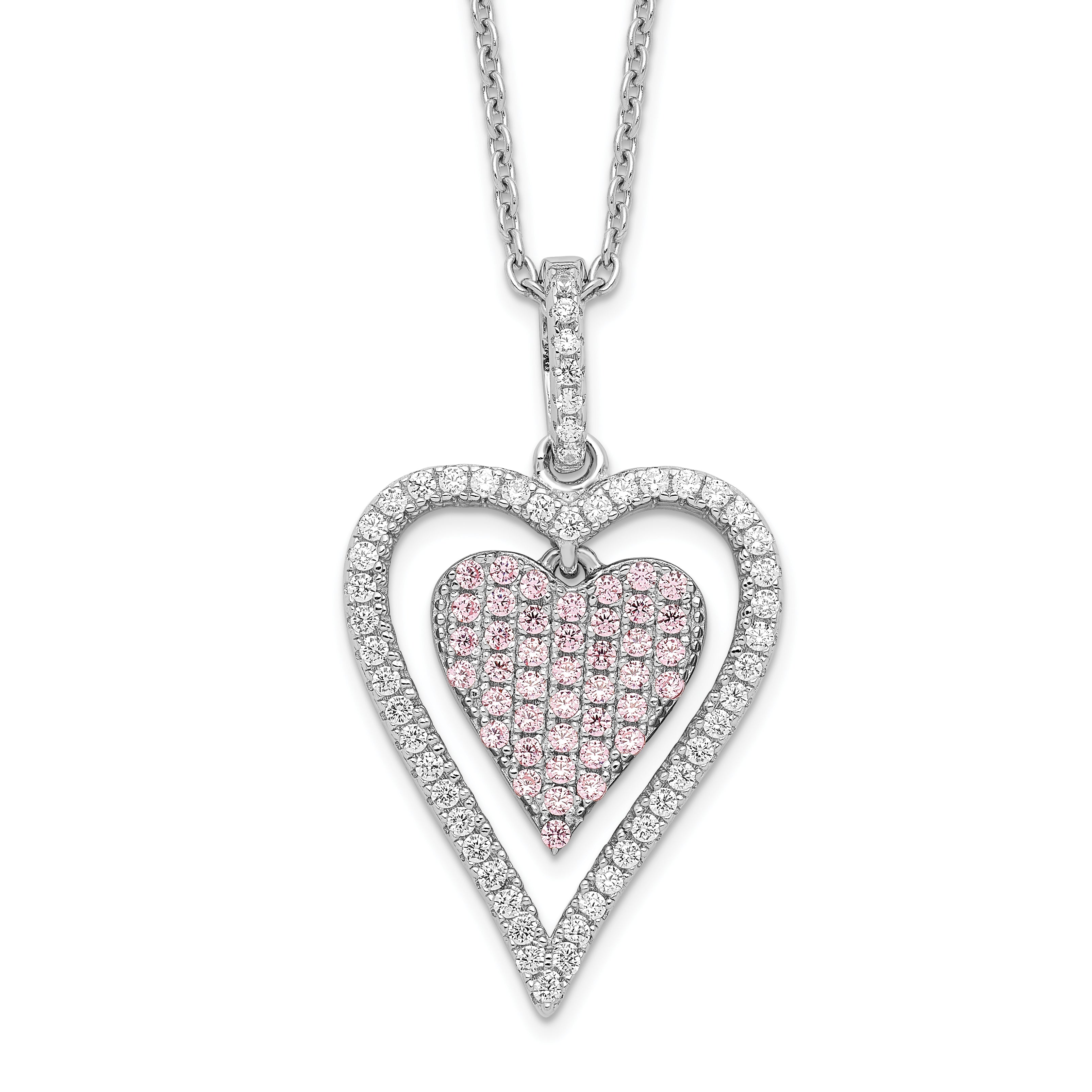Brilliant Embers Sterling Silver Rhodium-plated 95 Stone 18 inch Micro PavÇ White and Pink CZ Heart Necklace with 2 Inch Extender