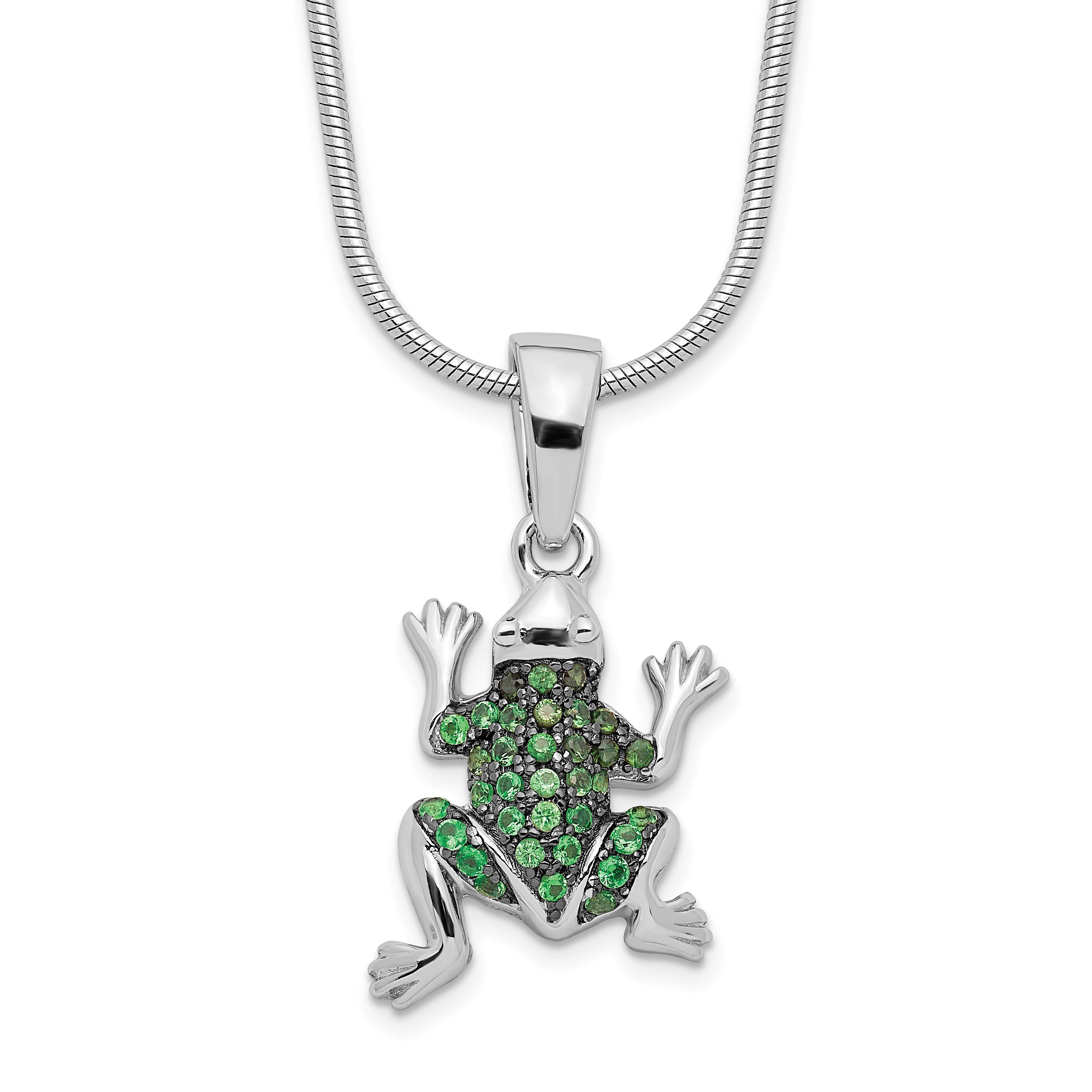 Brilliant Embers Sterling Silver Rhodium-plated 34 Stone 18 inch Micro PavÇ Green CZ Frog Necklace with 2 Inch Extender