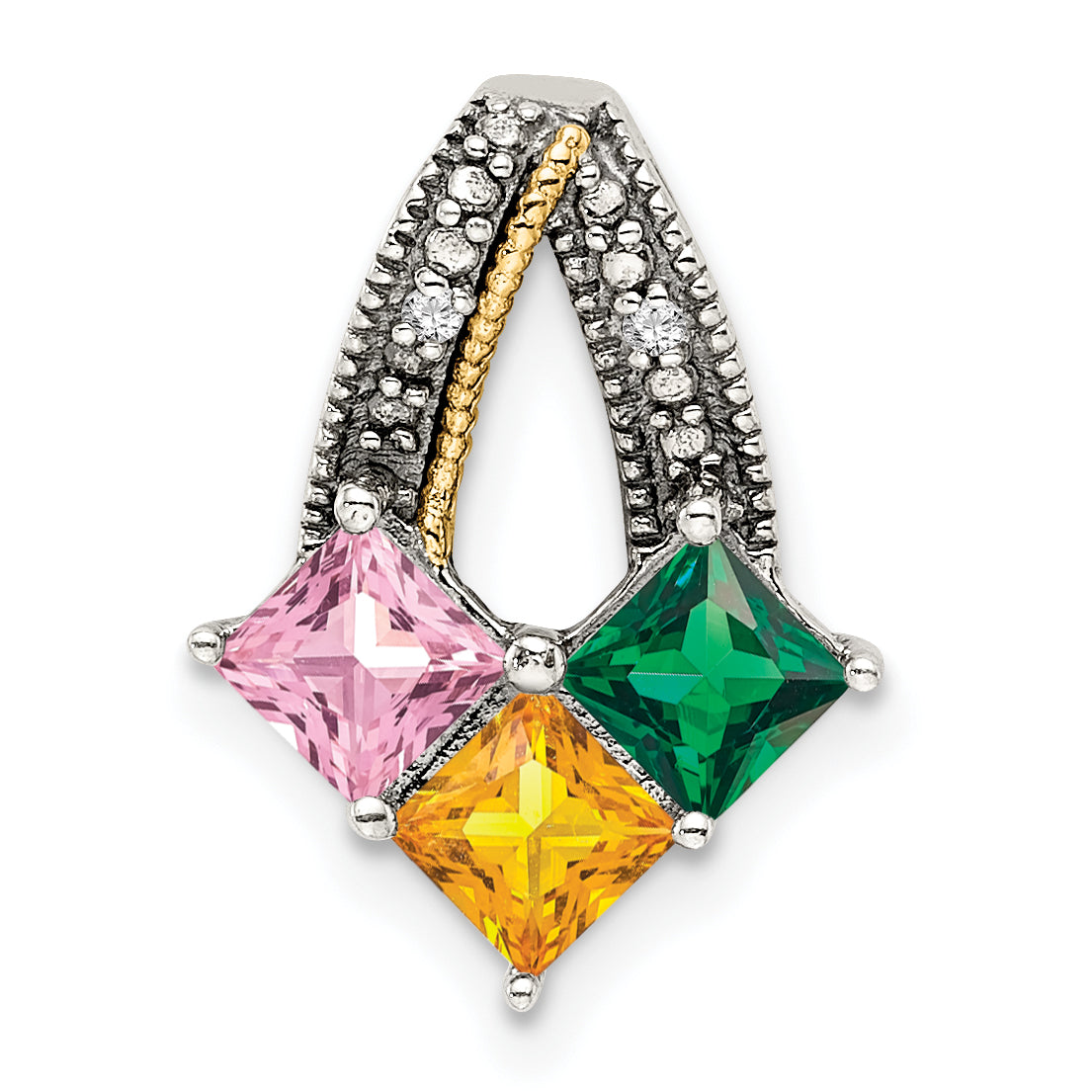 Sterling Silver Antiqued w/14k 3-stone w/Diamond Mothers Pendant Semi-Mount