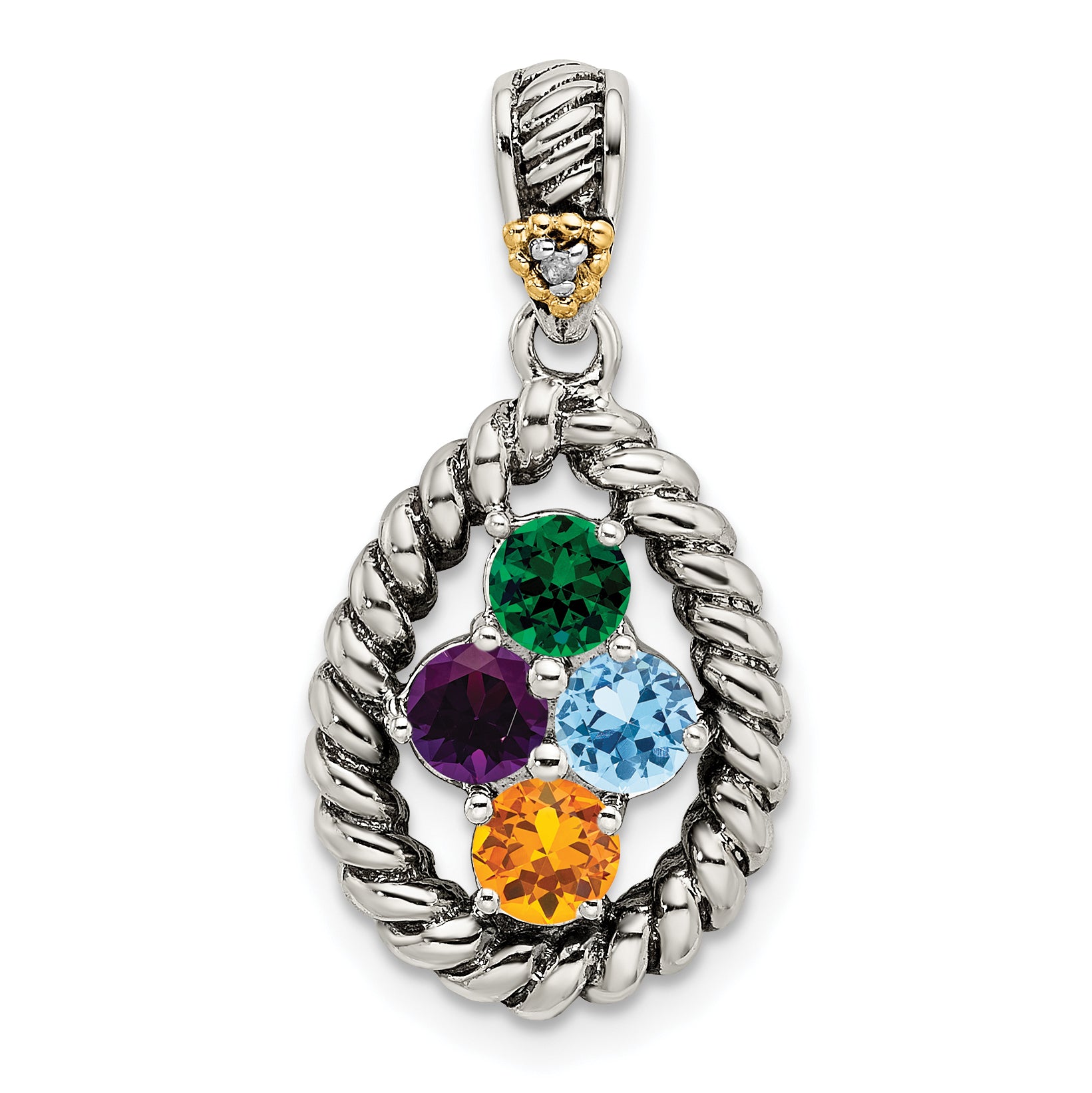 Sterling Silver Antiqued w/14k 4-stone w/Diamond Mothers Pendant Semi-Mount