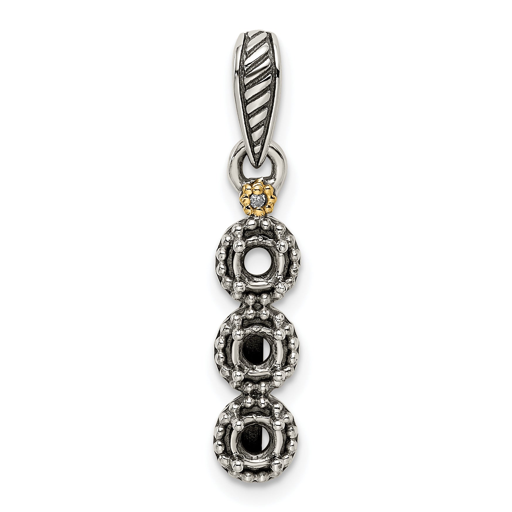 Sterling Silver Antiqued w/14k 3-stone w/Diamond Mothers Pendant Semi-Mount