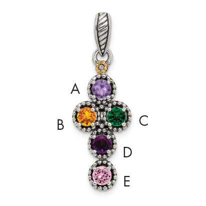 Sterling Silver Antiqued w/14k 5-stone w/Diamond Mother's Pendant