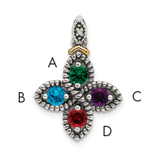 Sterling Silver Antiqued w/14k 4-stone w/Diamond Mothers Pendant Semi-Mount