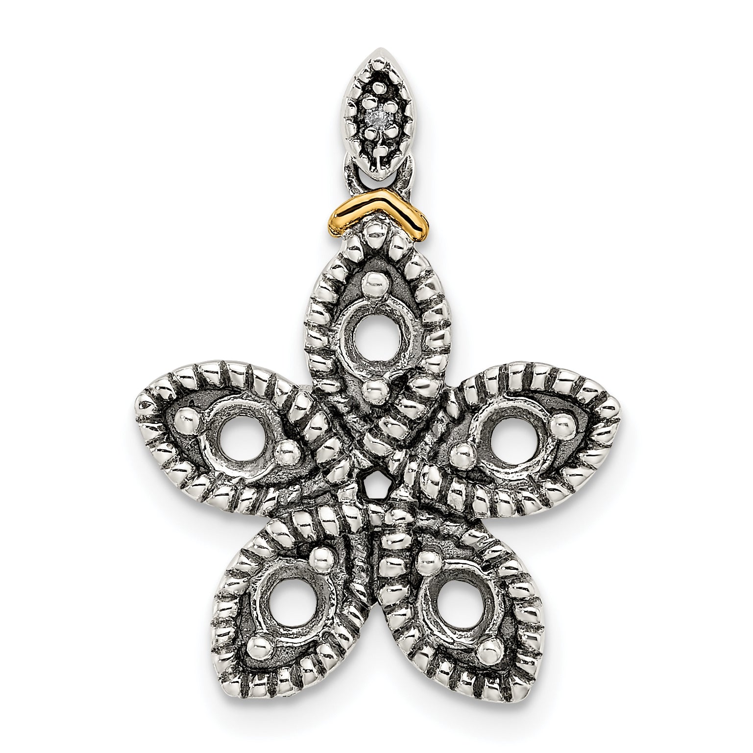 Sterling Silver Antiqued w/14k 5-stone w/Diamond Mothers Pendant Semi-Mount
