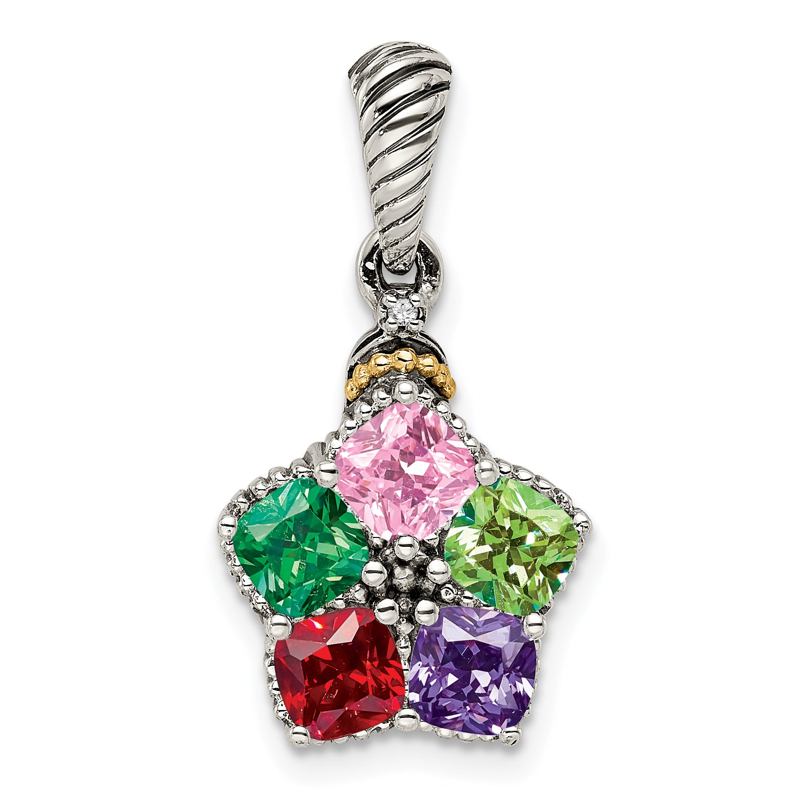 Sterling Silver Antiqued w/14k 5-stone w/Diamond Mother's Pendant