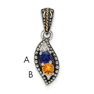 Sterling Silver Antiqued w/14k 2-stone w/Diamond Mother's Pendant