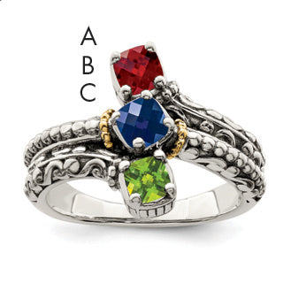 Sterling Silver Antiqued w/14k 3-stone Mother's Ring