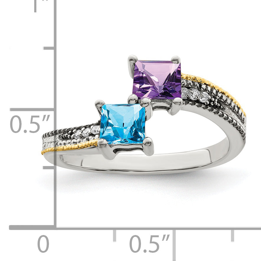 Sterling Silver Antiqued w/14k 2-stone w/Diamond Mother's Semi-Mount Ring