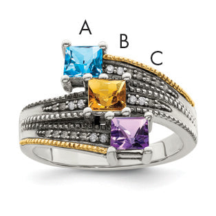 Sterling Silver Antiqued w/14k 3-stone w/Diamond Mother's Ring