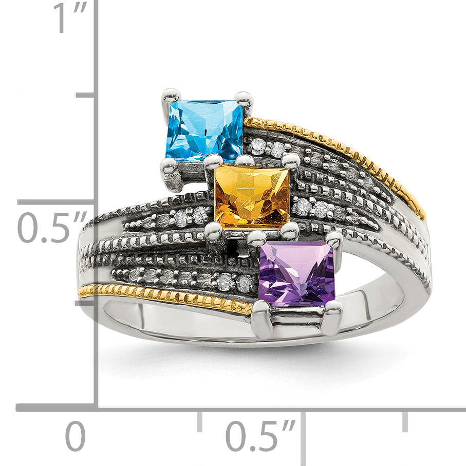 Sterling Silver Antiqued w/14k 3-stone w/Diamond Mother's Ring