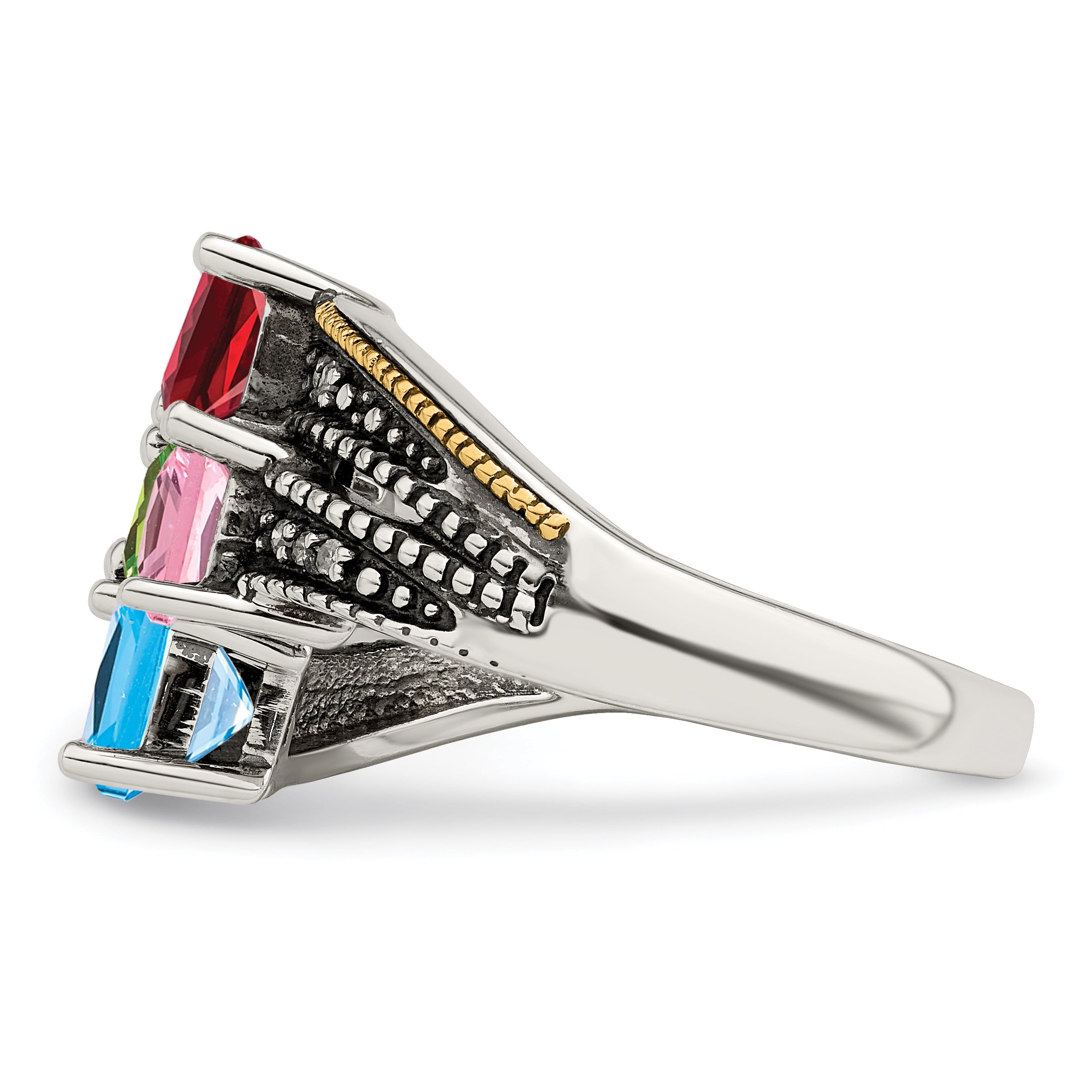 Sterling Silver Antiqued w/14k 4-stone w/Diamond Mother's Semi-Mount Ring