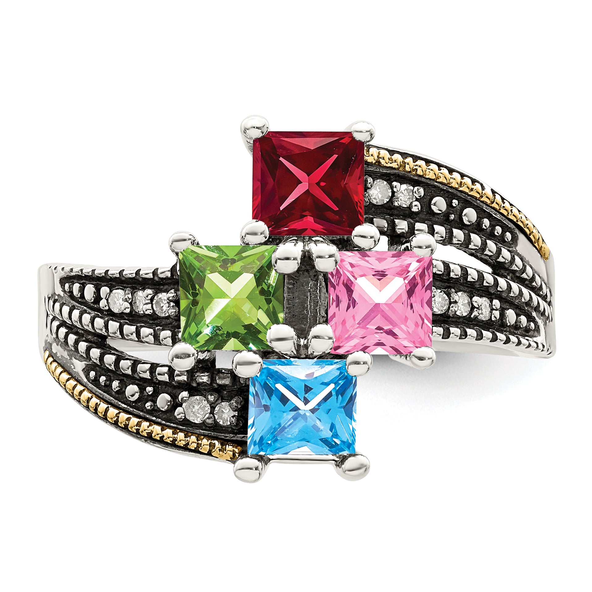 Sterling Silver Antiqued w/14k 4-stone w/Diamond Mother's Semi-Mount Ring