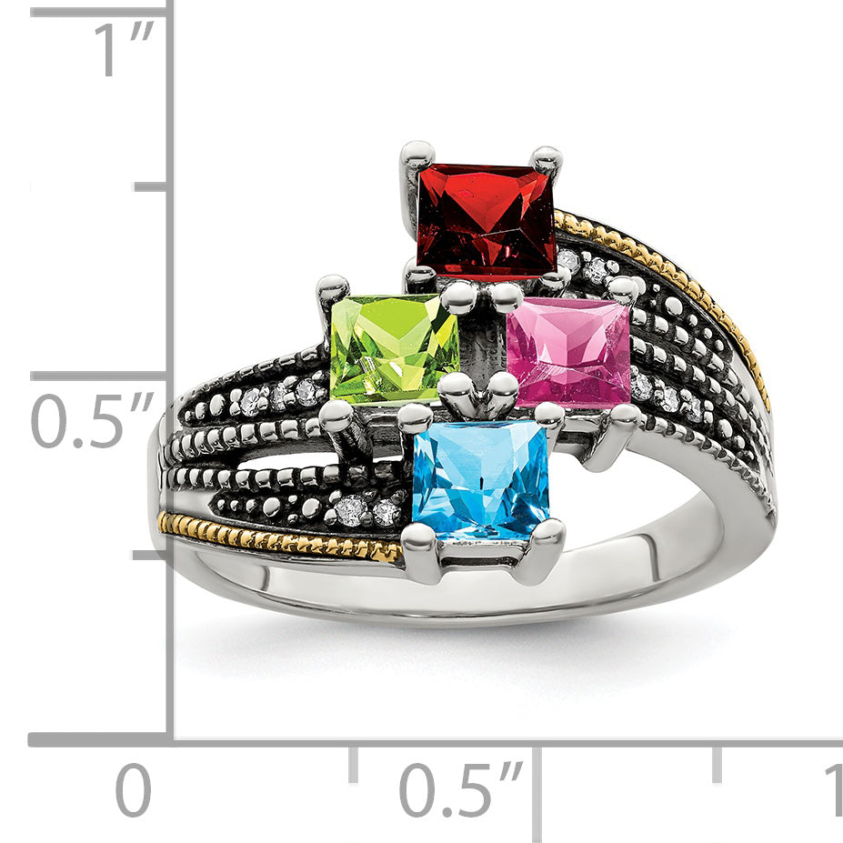 Sterling Silver Antiqued w/14k 4-stone w/Diamond Mother's Ring