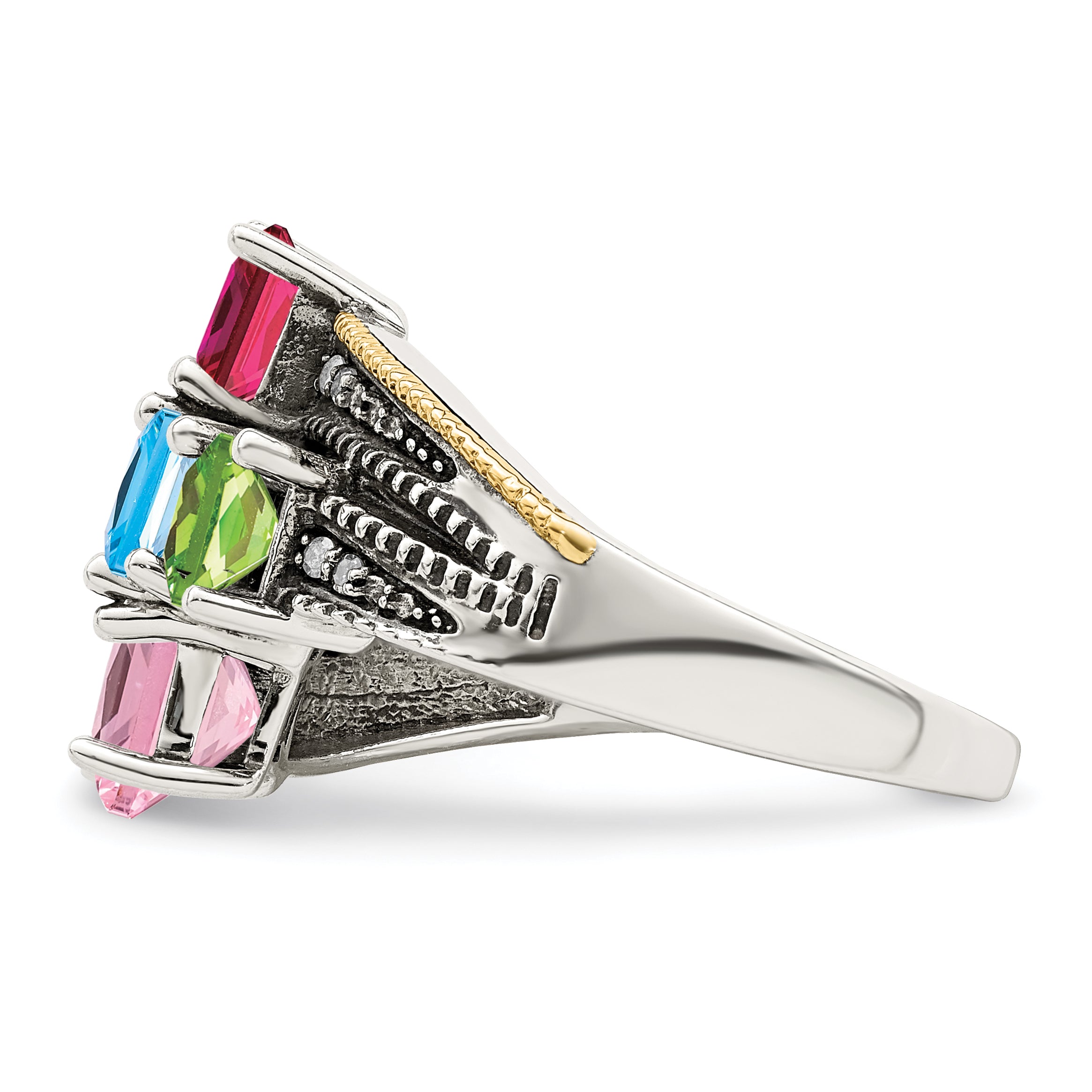 Sterling Silver Antiqued w/14k 5-stone w/Diamond Mother's Ring