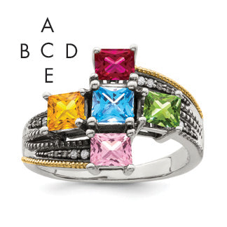 Sterling Silver Antiqued w/14k 5-stone w/Diamond Mother's Ring