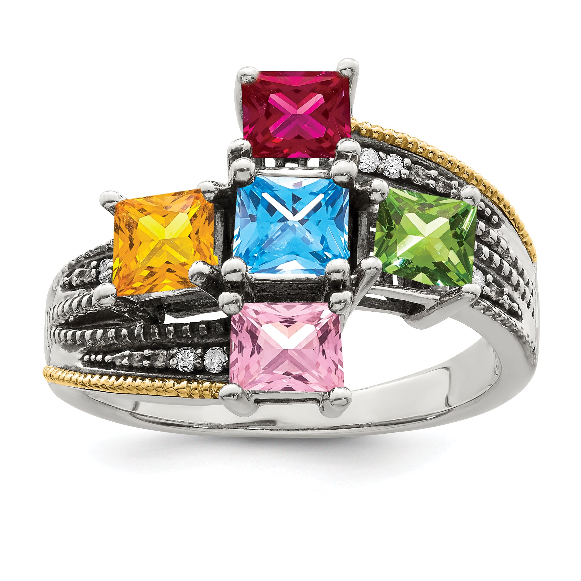 Sterling Silver Antiqued w/14k 5-stone w/Diamond Mother's Semi-Mount Ring