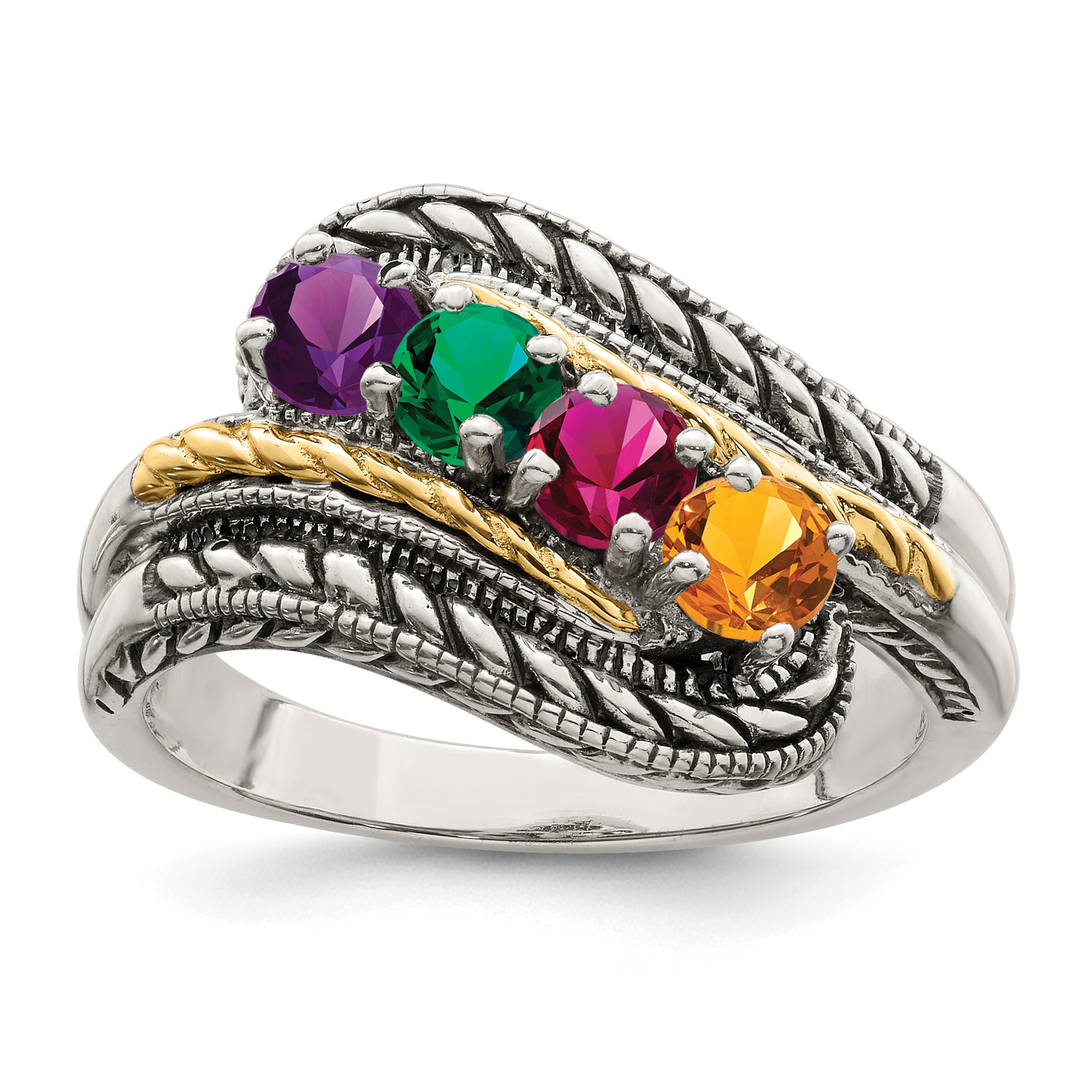 Sterling Silver Antiqued w/14k 4-stone Mother's Ring Mounting