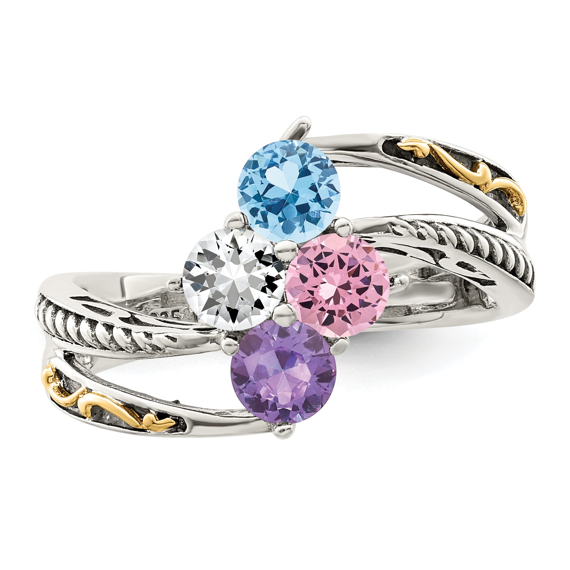 Sterling Silver Antiqued w/14k 4-stone Mother's Ring