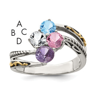 Sterling Silver Antiqued w/14k 4-stone Mother's Ring