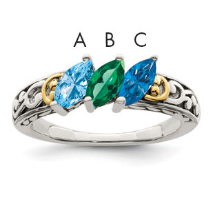 Sterling Silver Antiqued w/14k 3-stone Mother's Ring
