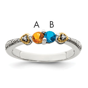 Sterling Silver Antiqued w/14k 2-stone w/Diamond Mother's Semi-Mount Ring