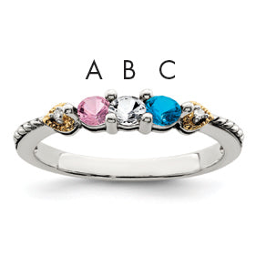 Sterling Silver Antiqued w/14k 3-stone w/Diamond Mother's Ring