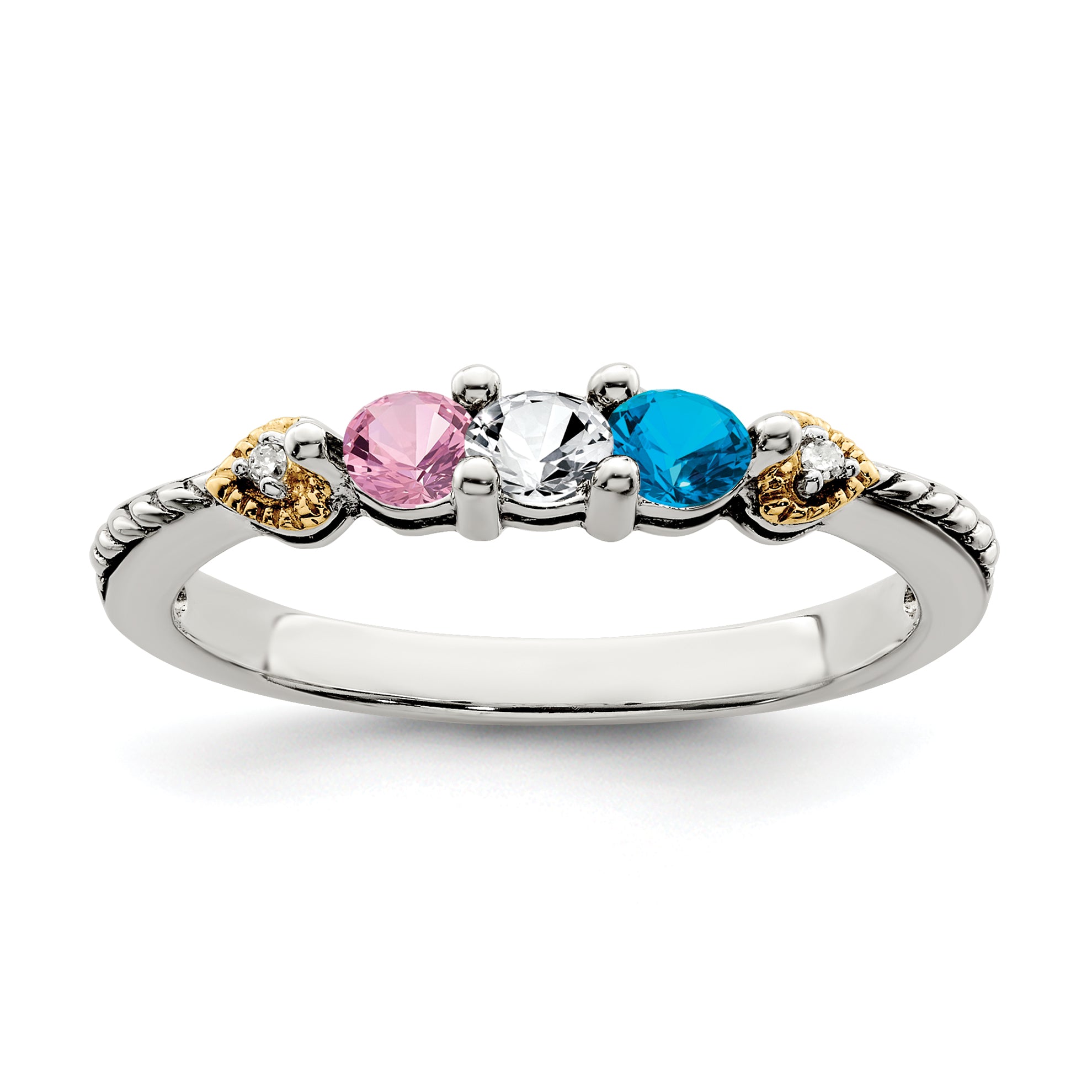 Sterling Silver Antiqued w/14k 3-stone w/Diamond Mother's Semi-Mount Ring