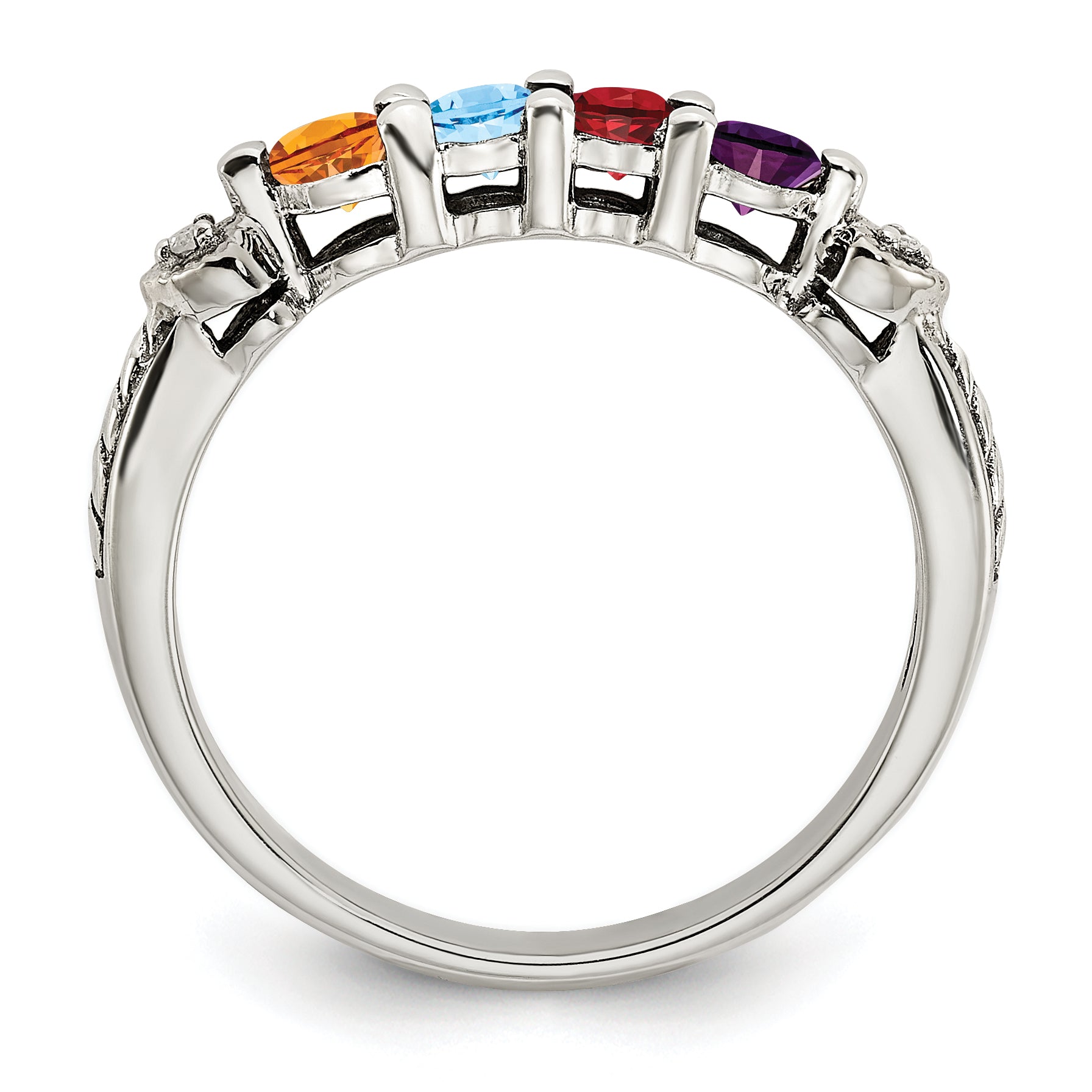 Sterling Silver Antiqued w/14k 4-stone w/Diamond Mother's Ring