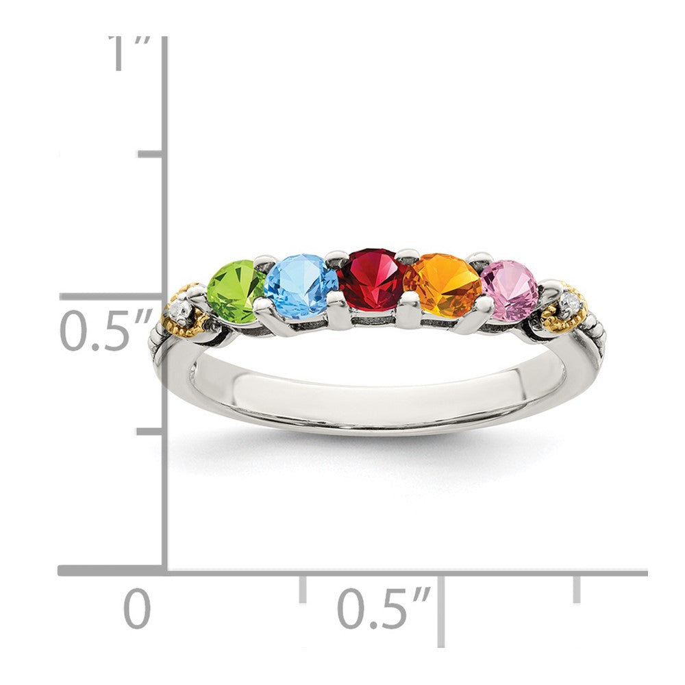 Sterling Silver Antiqued w/14k 5-stone w/Diamond Mother's Ring