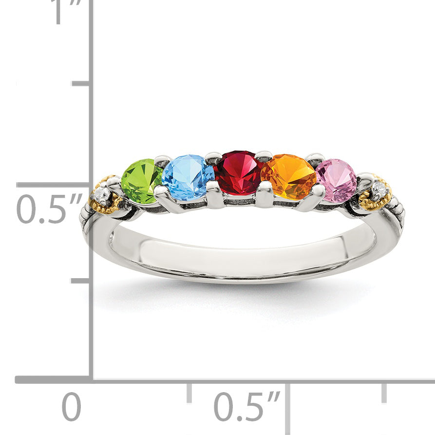 Sterling Silver Antiqued w/14k 5-stone w/Diamond Mother's Ring