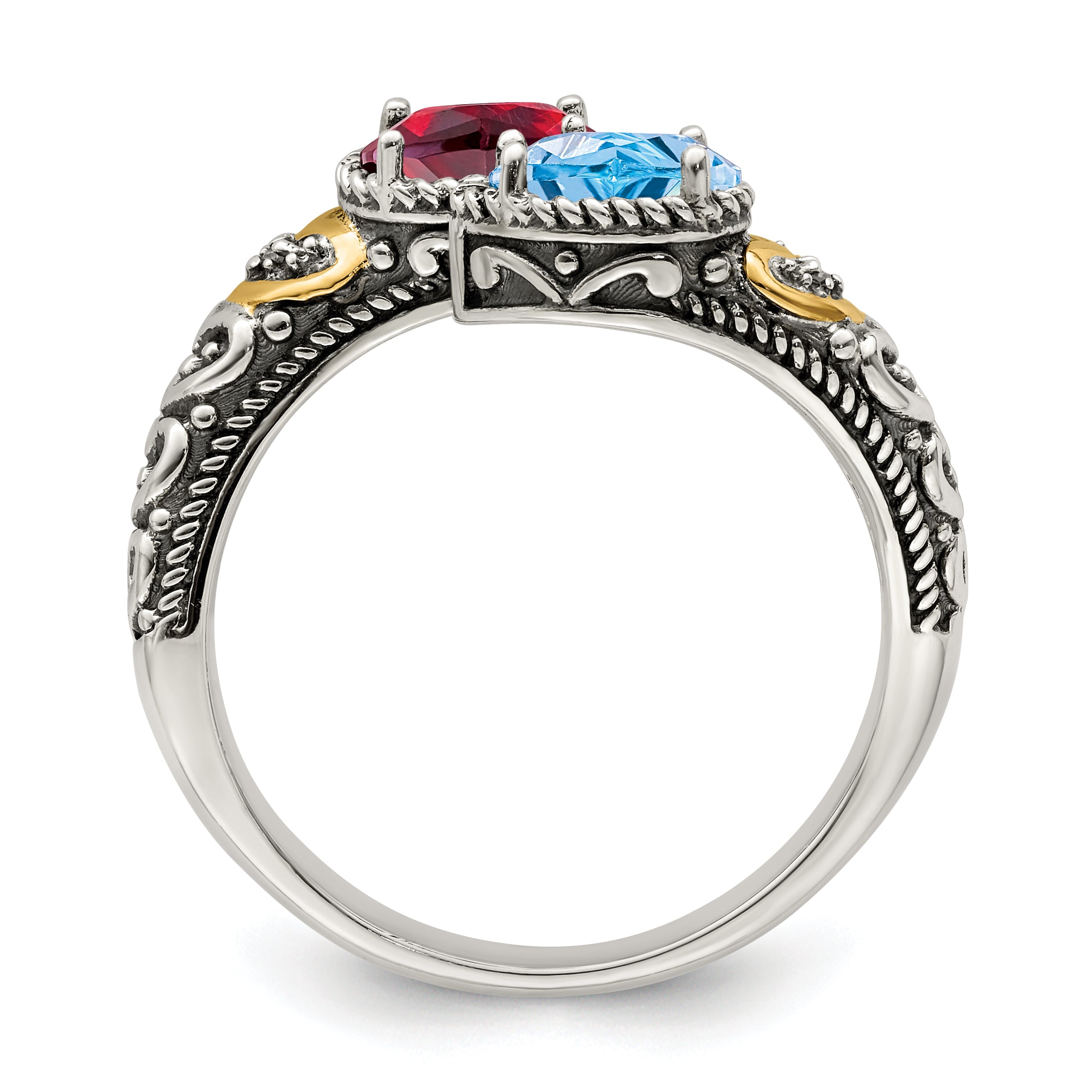 Sterling Silver Antiqued w/14k 2-stone w/Diamond Mother's Ring Semi-Mount