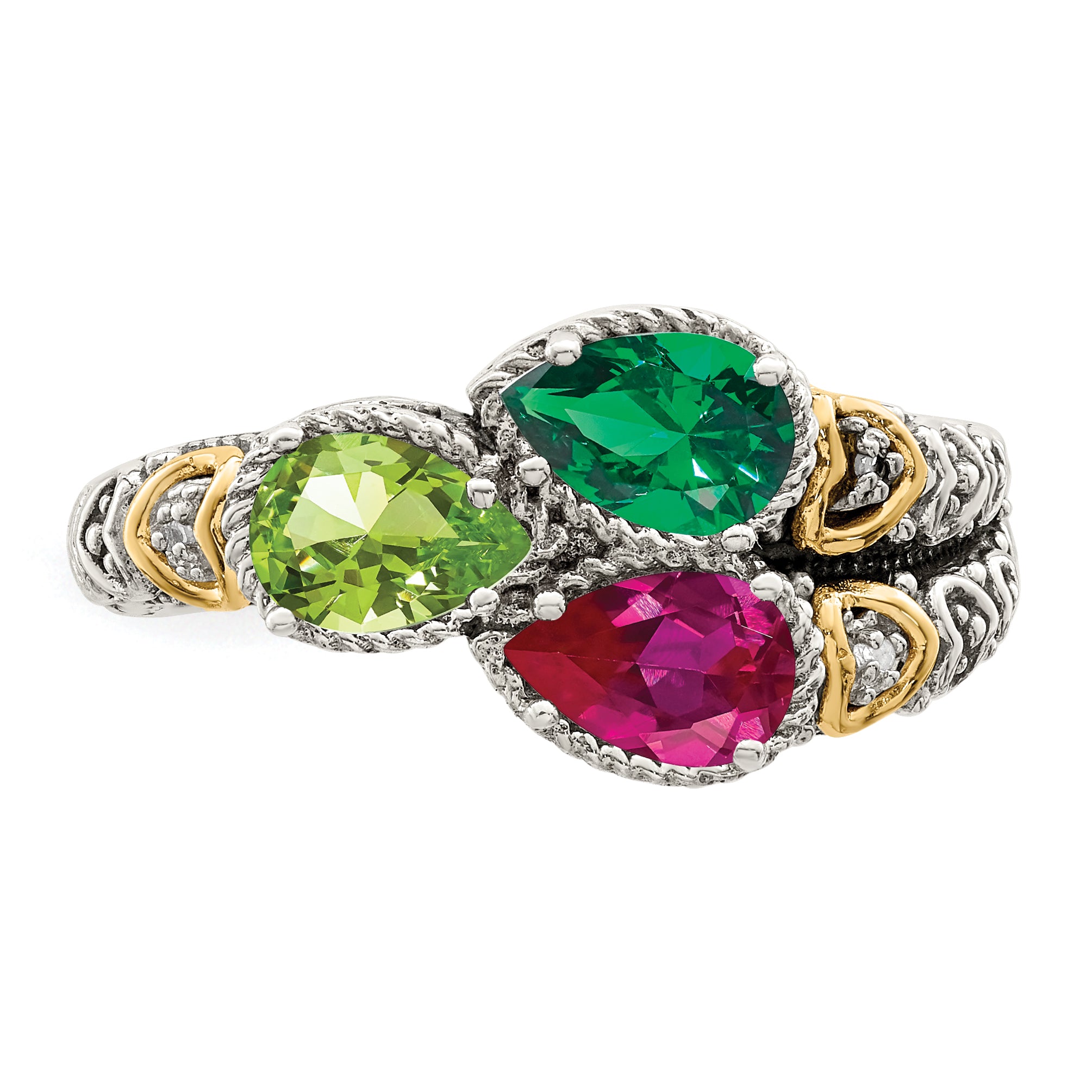 Sterling Silver Antiqued w/14k 3-stone w/Diamond Mother's Ring Semi-Mount