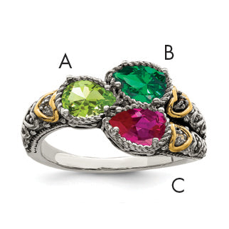 Sterling Silver Antiqued w/14k 3-stone w/Diamond Mother's Ring Semi-Mount