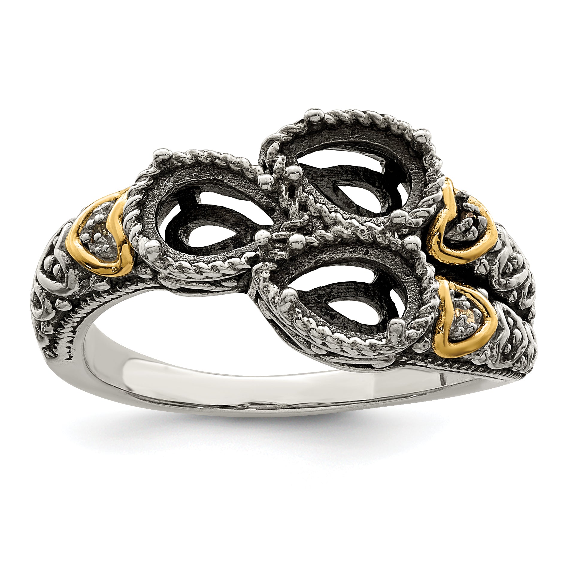 Sterling Silver Antiqued w/14k 3-stone w/Diamond Mother's Ring Semi-Mount