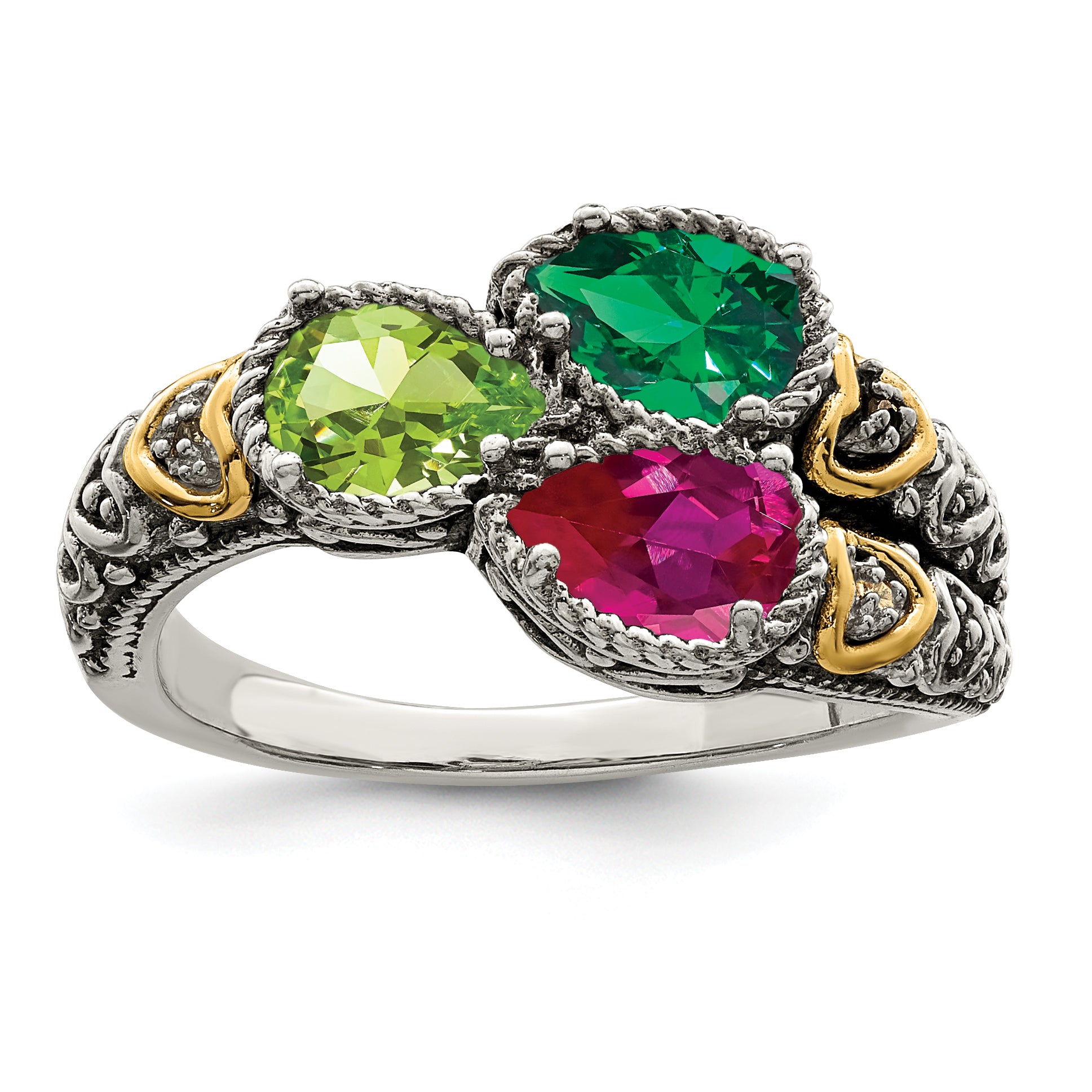 Sterling Silver Antiqued w/14k 3-stone w/Diamond Mother's Ring Semi-Mount