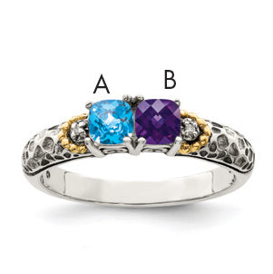 Sterling Silver Antiqued w/14k 2-stone w/Diamond Mother's Ring