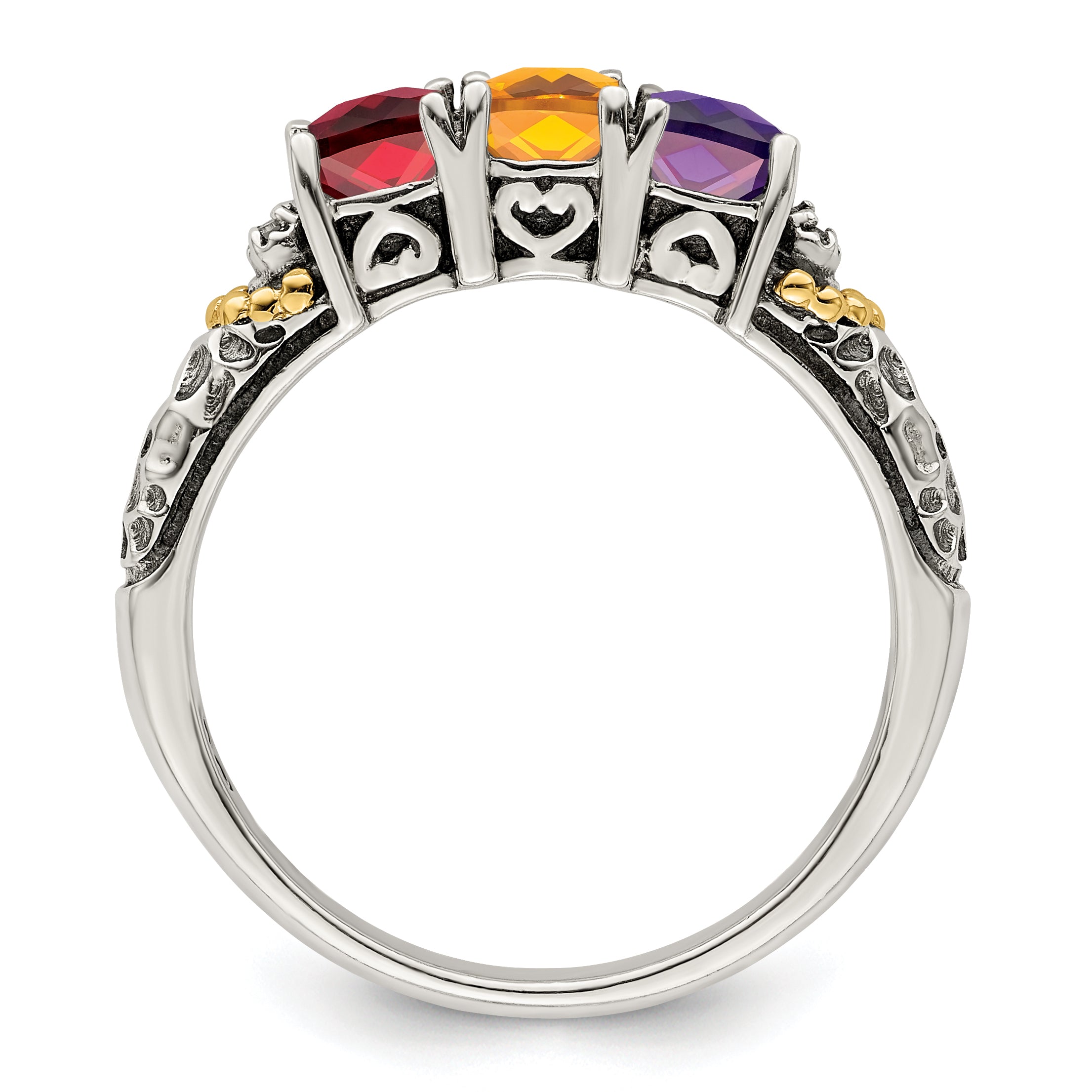 Sterling Silver Antiqued w/14k 3-stone w/Diamond Mother's Ring Semi-Mount